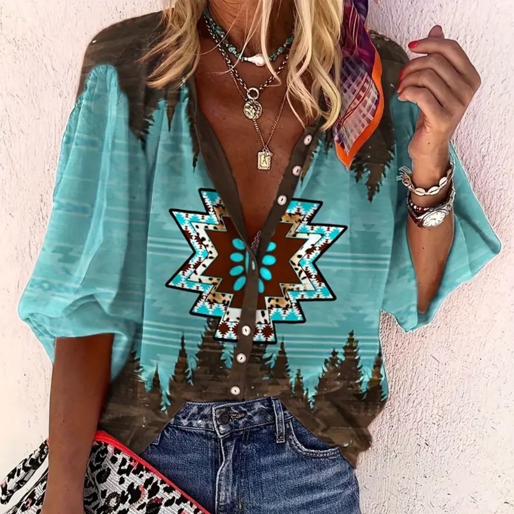 Western Geo Print Blouse, Casual Button V Neck 3/4 Sleeve Blouse Medium